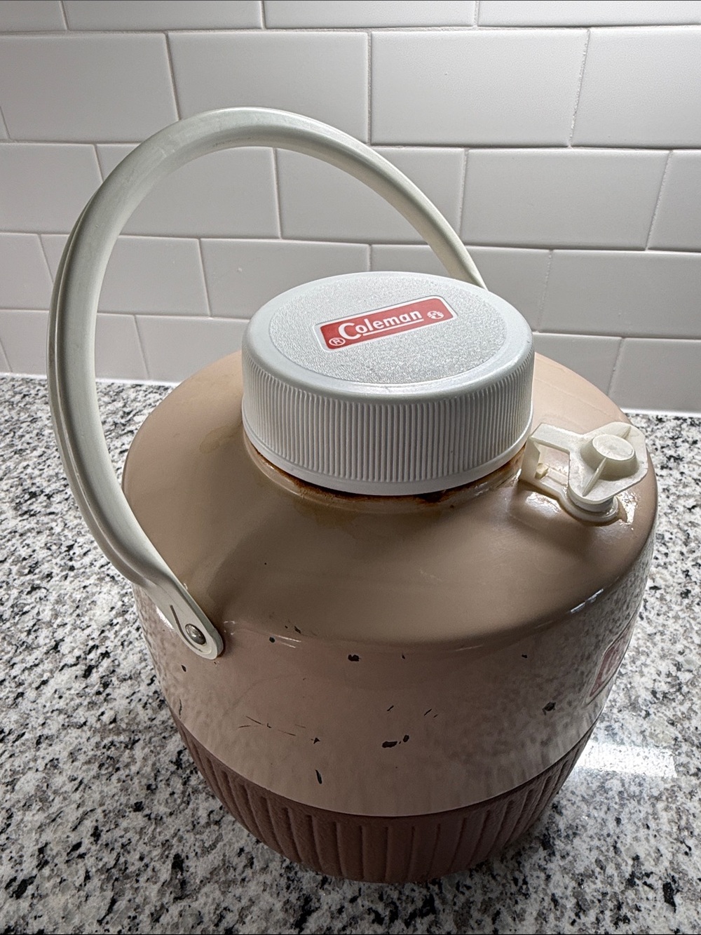 Vintage Coleman brown and cream insulated water jug with handle